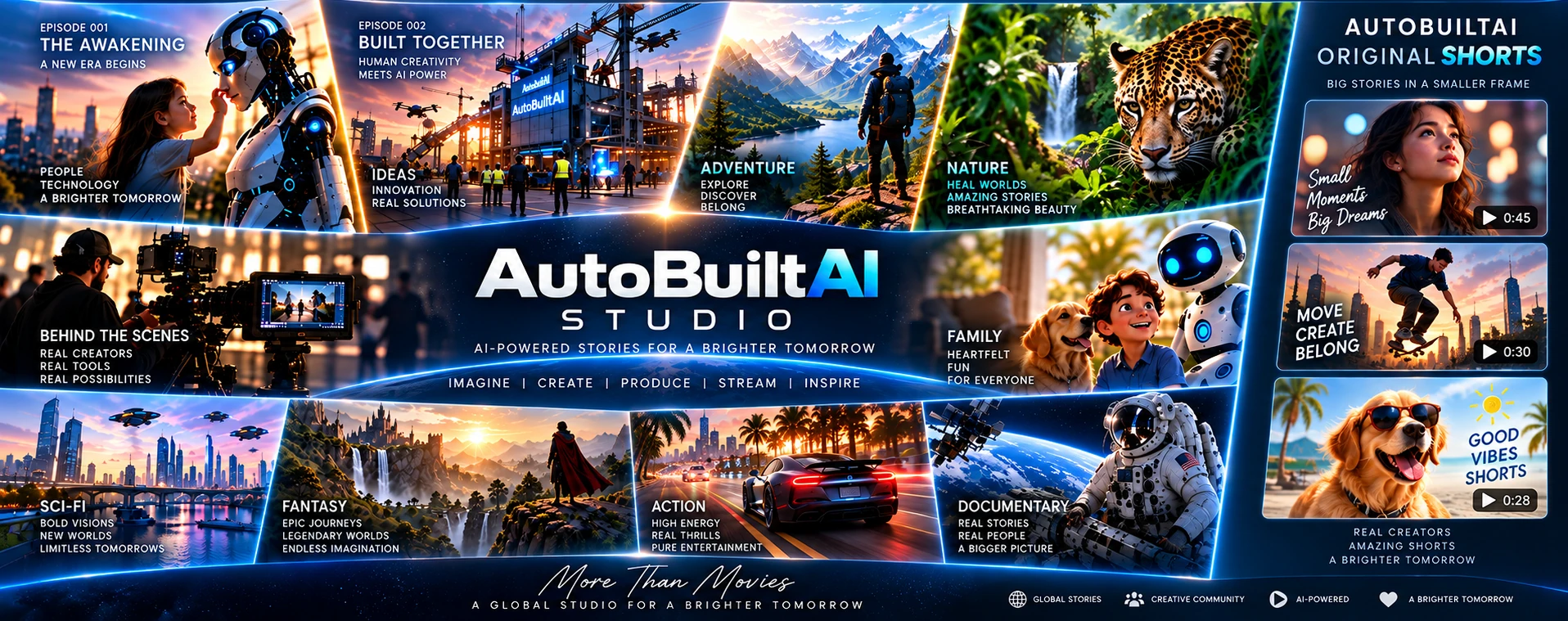AutoBuiltAI Studio cinematic centerpiece featuring original films, Episode 001, Episode 002, adventure, nature, family, science fiction, fantasy, action, documentary and original shorts